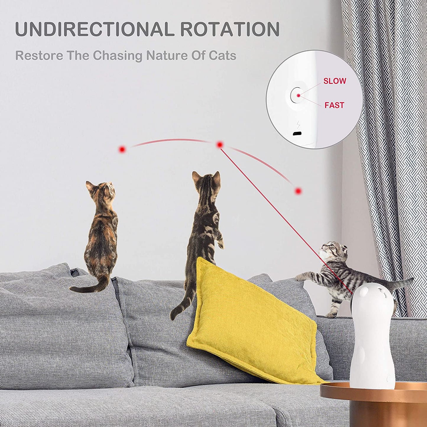 Automatic Interactive Cat Laser Toy with USB Charging and Battery Power - 5 Random Light Patterns with Adjustable Speed